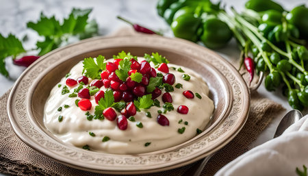 A close-up shot of a creamy dip topped with pomegranate seeds and fresh parsley, served on a rustic wooden table.の写真素材