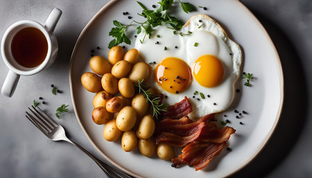 A plate of sunny-side up eggs, crispy bacon, and golden potatoes, a classic and satisfying breakfast. The image captures the simplicity and deliciousness of this popular meal.の写真素材
