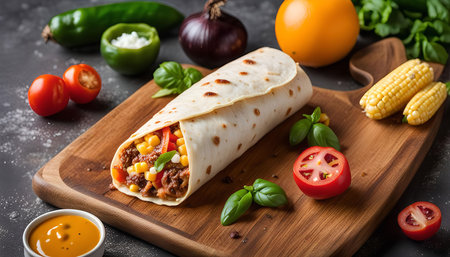 A freshly made burrito with a filling of meat, corn and peppers on a wooden board with additional ingredients. It's a tasty and fresh meal for any occasion.の写真素材