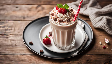 A refreshing milkshake with whipped cream, chocolate chips, and a strawberry, perfect for a sweet treat.の写真素材