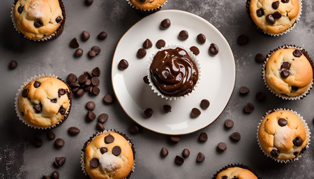 Close up of delicious chocolate chip muffins with chocolate sauce on a gray backgroundの写真素材