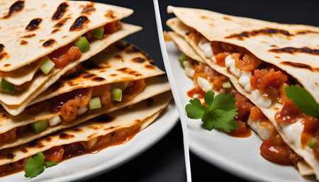 Close up of two stacks of quesadillas on white plates. The quesadillas are filled with cheese, tomatoes, onions and other ingredients and have a grilled, crispy texture.の写真素材