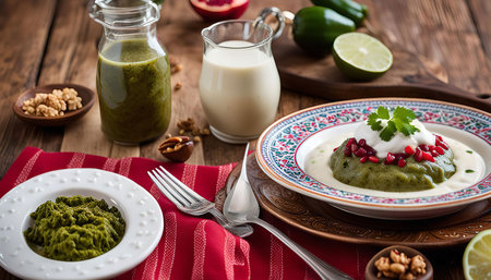 A close up of a green dish with pomegranate seeds and cream, served on a wooden table with other ingredientsの写真素材