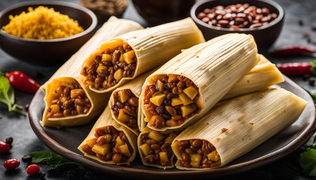 A plate of tamales, a traditional Mexican dish, ready to be enjoyed. The tamales are wrapped in corn husks and filled with a savory mixture of meat, beans, and spices.の写真素材