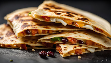 A close-up shot of three quesadillas stacked on top of each other, revealing a cheesy and savory filling. The quesadillas have a crispy exterior and a warm, inviting appearance.の写真素材