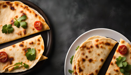 A close-up shot of flatbread with tomatoes and cilantro. The flatbreads are arranged on a black plate and a white plate.の写真素材