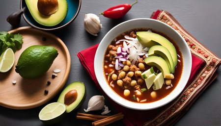 A bowl of Mexican soup with avocado, onion, meat, and chickpeas, garnished with avocado slices, red onion and cilantro.の写真素材
