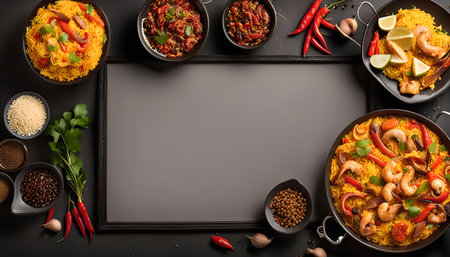 A mouthwatering overhead view of paella, a Spanish dish, surrounded by various spices, vegetables, and seasonings, all arranged on a black background. The vibrant colors and fresh ingredients create an appetizing scene.の写真素材