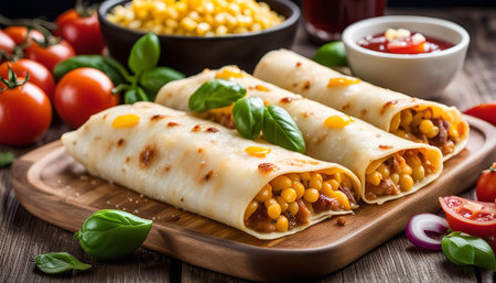 Three delicious crepes filled with corn and cheese are neatly arranged on a wooden board, accompanied by fresh tomatoes, basil, and a bowl of ketchup.の写真素材