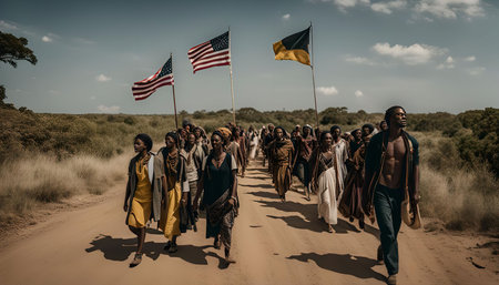 A large group of people walk down a dirt road in a dry, African landscape. The people are of various ages and dressed in different clothes. The scene is evocative of a journey or migration.の写真素材