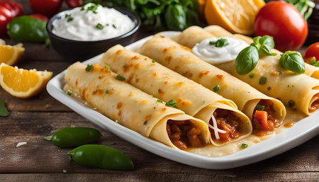 A close-up shot of a plate of savory crepes filled with a delicious filling. The crepes are golden...