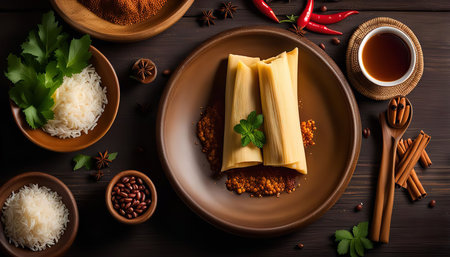 A plate of delicious tamales sits on a rustic wooden table, surrounded by ingredients like chili, cinnamon, star anise, and fresh mint.の写真素材