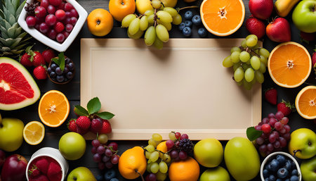 A variety of fresh fruits arranged in a border around a blank space on a wooden background. The fruits are bright and colorful and create a visually appealing composition.の写真素材
