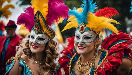 Two women in vibrant costumes with colorful feathers and masks, smiling during a festive event.の写真素材