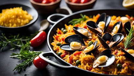 Close-up of a paella dish with mussels, rice, and vegetables. The dish is served in a cast iron pan and looks delicious.の写真素材