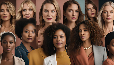 A diverse group of women, each with their unique beauty and style, looking directly at the camera. The focus is on their faces and makeup, creating a captivating and empowering image.の写真素材