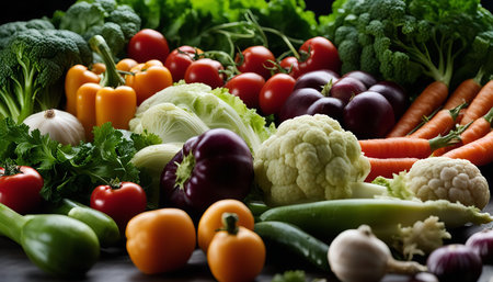 A vibrant assortment of fresh vegetables, including broccoli, cauliflower, tomatoes, carrots, peppers, zucchini, cucumbers, garlic, and onions.の写真素材