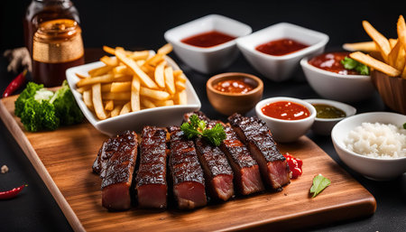 A close-up shot of a delicious grilled steak on a wooden cutting board with sides of french fries, rice, and various sauces. The steak is cooked to perfection with a crispy outer layer and juicy inside.の写真素材