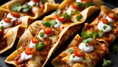 Close-up shot of a plate of Mexican enchiladas with red sauce, topped with sour cream, tomatoes and cilantro. The dish is perfect for a hearty meal or as a flavorful appetizer.の写真素材