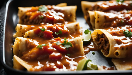Closeup of delicious enchiladas with savory sauce, tomatoes and cilantro, a popular Mexican dish.の写真素材