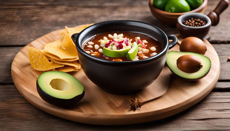 A bowl of Mexican soup topped with avocado and tortilla chips, served on a wooden platter with ingredients like lime, peppercorns, and star anise.の写真素材