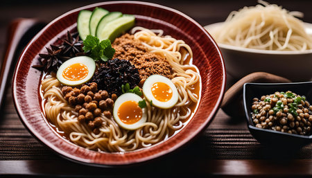 A close-up of a delicious ramen bowl with noodles, eggs, and various toppings. The image captures the essence of Japanese cuisine with its vibrant colors and appetizing flavors.の写真素材