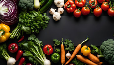 A colorful assortment of fresh vegetables arranged on a black background. This image showcases the...