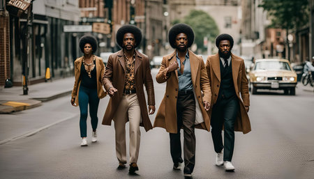 A group of stylish friends walk down a city street, dressed in retro 70s fashion, showcasing a blend of contemporary style and vintage flair.の写真素材