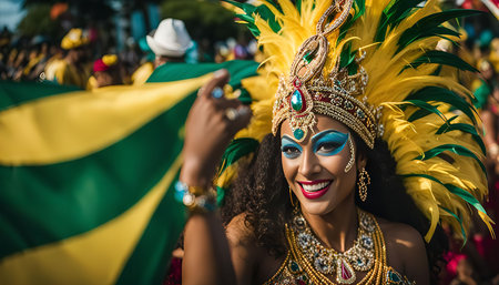 A woman in a vibrant carnival costume, adorned with feathers and jewelry, smiles with joy as she...