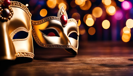 Two golden Venetian masks lie on a wooden table against a bokeh background of colorful lights. The masks are adorned with intricately details and sparkling gems.の写真素材