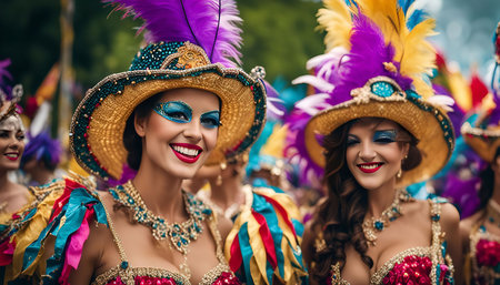 Two women in vibrant costumes and colorful headwear smile for the camera at a lively carnival celebration in Brazil.の写真素材