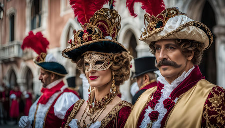 A couple in elaborate Venetian carnival masks and costumes, showcasing the rich history and tradition of the event.の写真素材