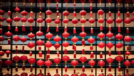 A wall adorned with hanging red lanterns, a traditional Chinese decoration symbolizing good luck and fortune, creating a festive and joyous atmosphere.の写真素材