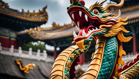 A close-up of a golden dragon statue with a fierce expression, in front of a traditional Chinese temple.の写真素材
