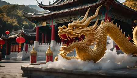A golden dragon statue sits in front of a traditional Chinese temple with red lanterns hanging from the roof. The dragon is a symbol of power and wisdom in Chinese culture.の写真素材