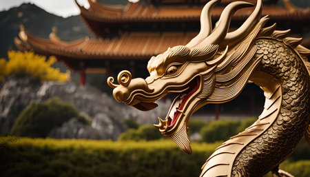Close up of a golden dragon statue, a mythical creature symbolizing power and wisdom, in the grounds of a traditional Chinese temple.の写真素材