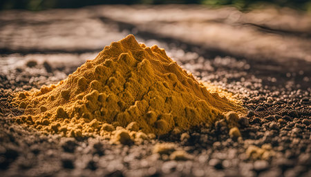 A close-up image of a pile of turmeric powder on a wooden surface. The powder is bright yellow and creates a warm and inviting scene. The shallow depth of field focuses on the powder, creating a sense of depth and texture.の写真素材