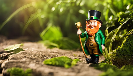 A small leprechaun figurine stands in a lush green forest, holding a pot of gold. The figurine is smiling and seems happy, evoking a sense of whimsy and magic.の写真素材