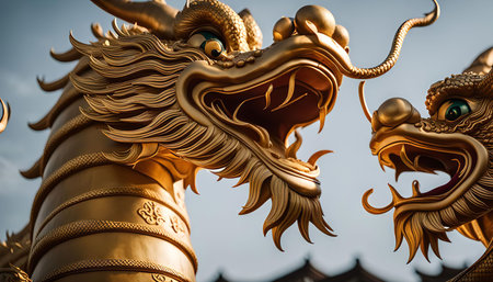 Two golden dragon statues stand tall, their fierce expressions and intricately details capturing the essence of this mythical creature.の写真素材
