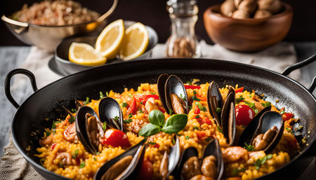 A close-up shot of a seafood paella with mussels in a black pan, showing the vibrant colors of the dish and the rich flavors of Spanish cuisine.の写真素材