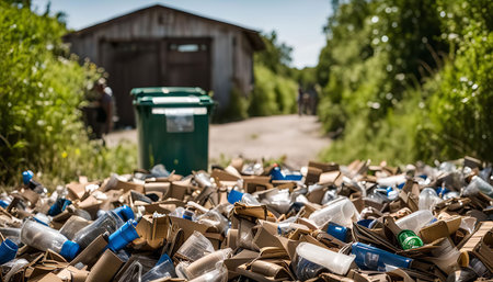 A pile of recycled materials, including glass, plastic, and cardboard, sits on the ground in front of a green recycling bin.の写真素材