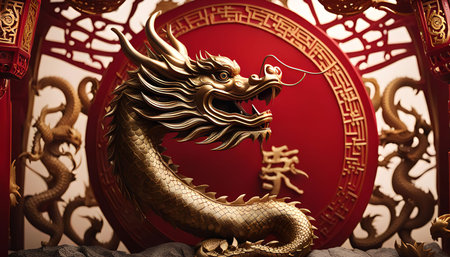 A golden dragon statue is set against a red circular background with a Chinese character. The dragon is a mythical creature in Chinese culture that is often associated with power, luck, and prosperity.の写真素材