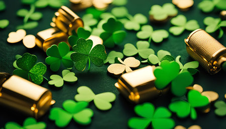 A close-up shot of green shamrocks and gold objects on a green background, evoking the spirit of St. Patrick's Day.の写真素材