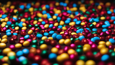 A close up shot of colorful candies on a dark background.の写真素材