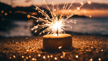 A single sparkler burns brightly on a sandy beach at sunset, with the ocean and a blurred cityscape in the background.の写真素材