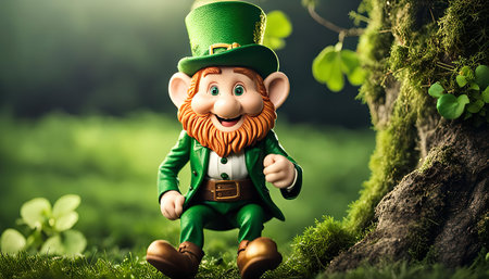 A close-up shot of a smiling leprechaun figurine wearing a green hat and suit, sitting in a lush green forest. The figurine has a happy expression and is surrounded by green plants and trees, creating a whimsical and enchanting atmosphere.の写真素材