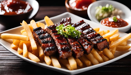 A close-up of a plate of grilled steak with french fries. The steak is cooked to perfection, and the fries are crispy and golden brown.の写真素材
