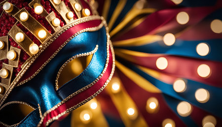 A close-up of a beautifully crafted Venetian Carnival mask adorned with intricately details and shimmering embellishments. The mask, a symbol of mystery and celebration, embodies the spirit of Venetian Carnival traditions.の写真素材