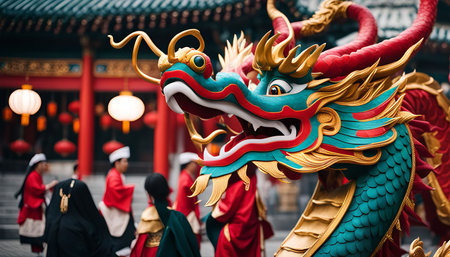 A close-up shot of a Chinese dragon statue in a temple, showing the intricate details of its head, scales, and vibrant colors.の写真素材