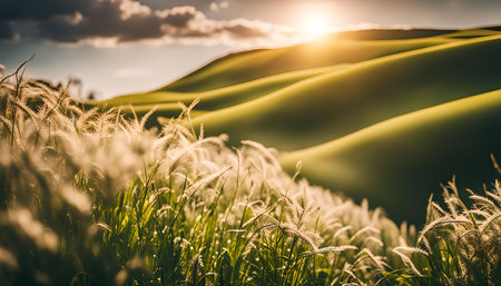 A close up of a field of grass during sunset with a beautiful rolling hill background. The golden light from the setting sun illuminates the grass and creates a warm and inviting atmosphere.の写真素材
